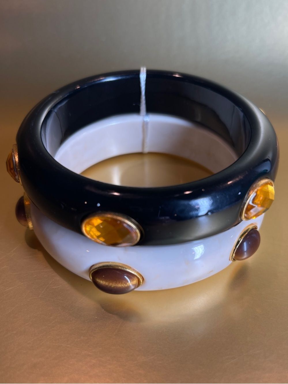 Black and White Resin Bangle Set with Amber Gem Accents